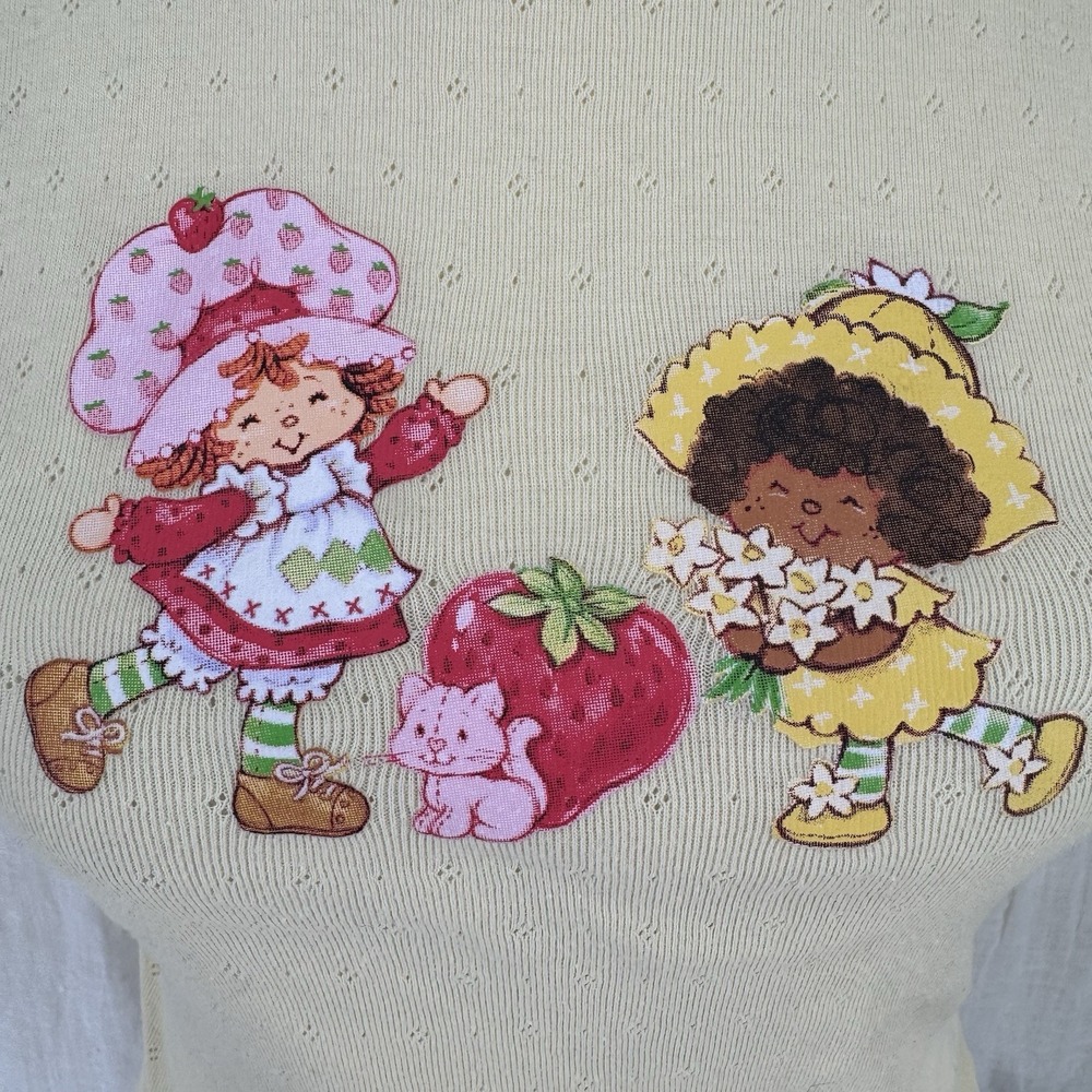 Strawberry Shortcake Baby Tee XS Twee Cottage Retro Butter Yellow Pointelle Knit - Picture 3 of 6